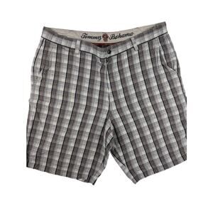 Tommy Bahama Paradise Nation Mens 38 Gray Linen Silk Blend Plaid‎ Chino Shorts